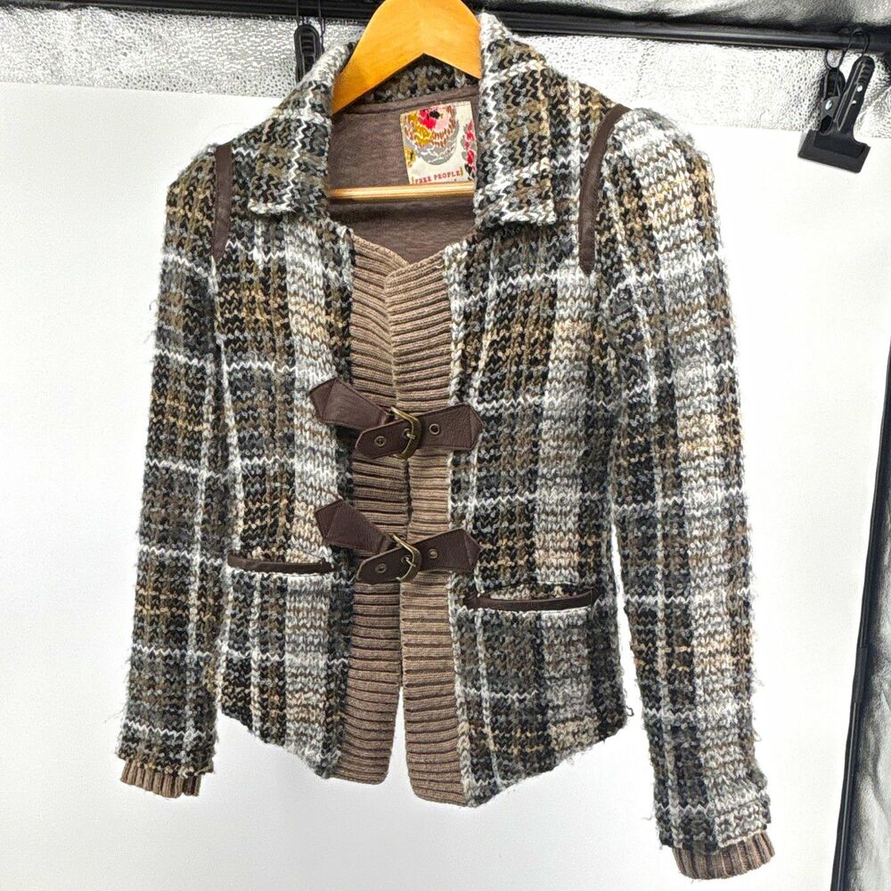 Free People Women's 0 Plaid Knit Collared Buckle Lined Cardigan w/ Pockets
